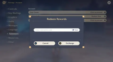 Okno Redeem Rewards z polem na kod i przyciskiem Exchange
