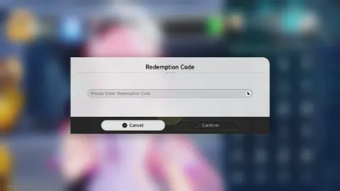 Okno Redemption Code z polem na kod i przyciskami Cancel oraz Confirm